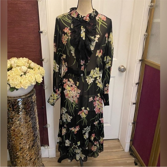 Luisa Spagnoli  silk Floral Black Dress with Pink and Green Accents, M - Picture 1 of 11